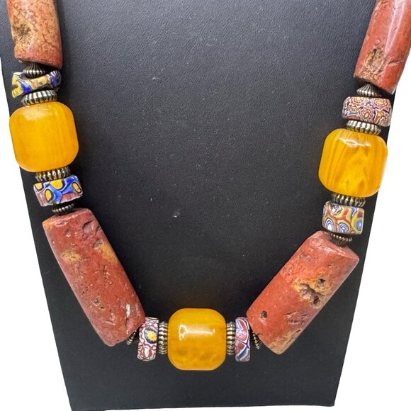 African Jewelry - Vintage Ethnic Red Coral & Bakelite Cane Glass Trade Beads Beaded Necklace  27"